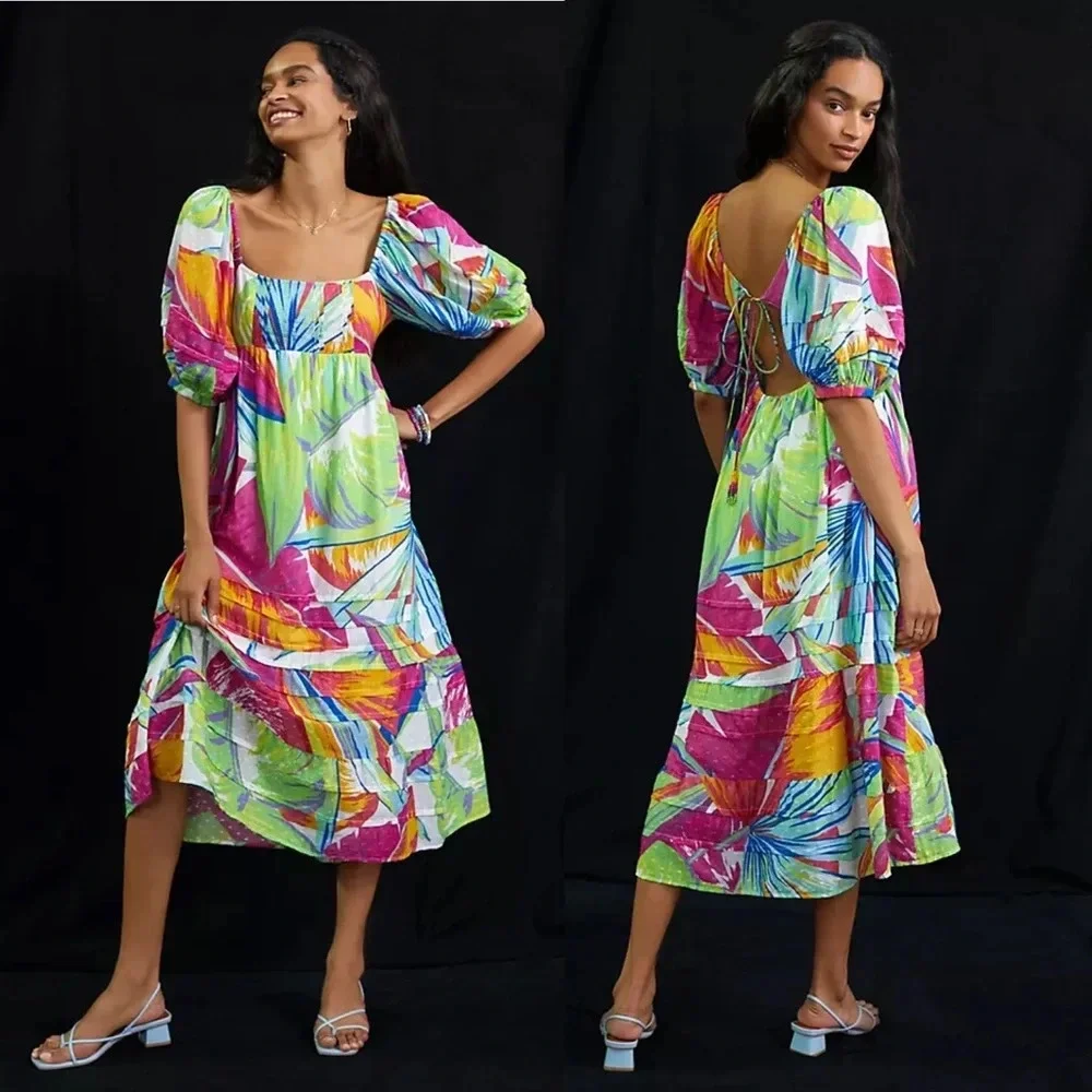 Farm Rio Rainbow Leafs Open Back Midi Dress - Picture 6 of 8